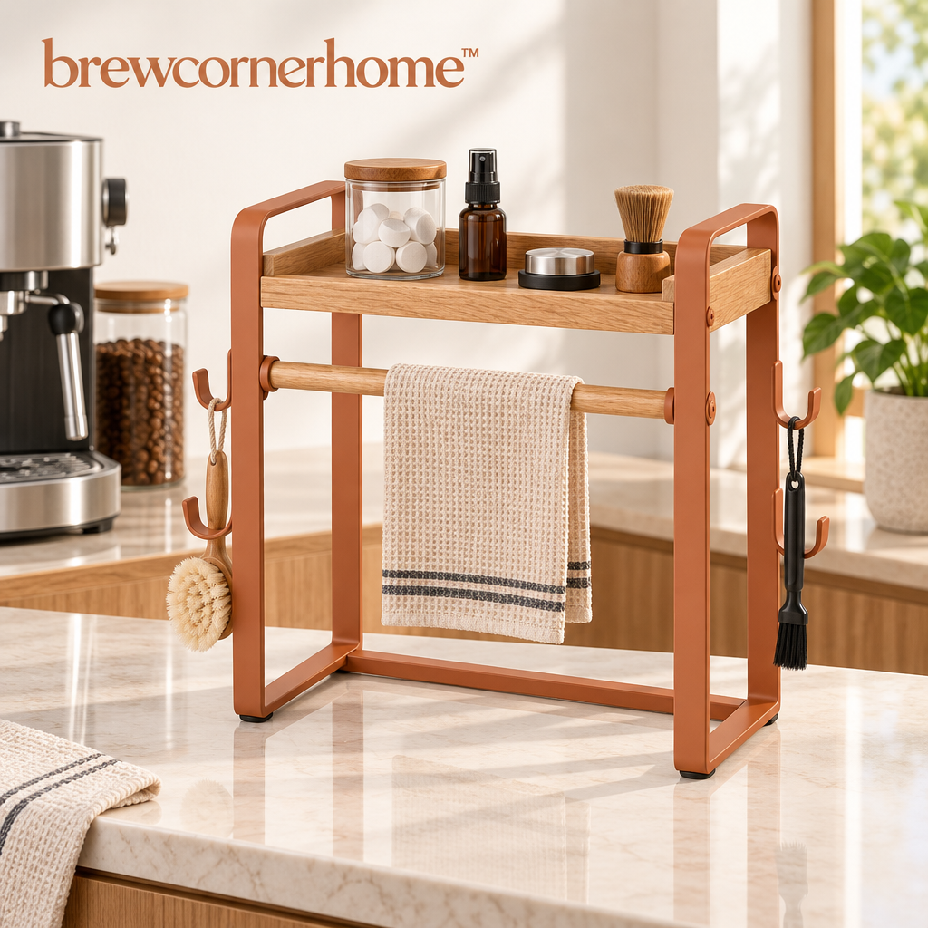 brewcornerhome™ Artisan Vertical Wooden Coffee Machine Cleaning Accessories Organization Station with Natural Oak Storage Shelf, Integrated Towel Rail, Hanging Tool Hooks and Matte Mineral Terracotta Support Frame