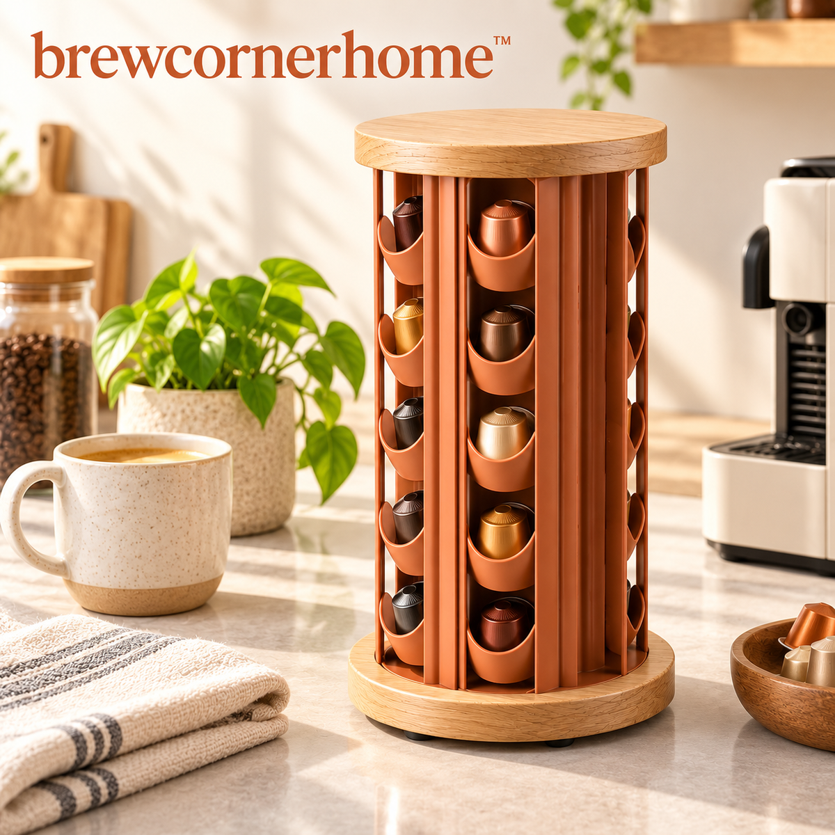 brewcornerhome™ Sculptural Wood-Accent Rotating Coffee Capsule Storage Tower with Natural Oak Circular Base, Matte Terracotta Vertical Pod Holders and 360-Degree Turntable Design