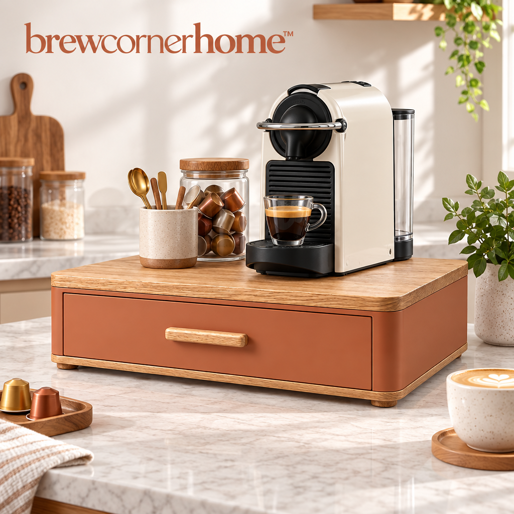 brewcornerhome™ Contemporary Wood-Grain Coffee Machine Riser Stand with Reinforced Natural Oak Top Platform, Matte Terracotta Storage Cabinet and Full-Width Pull-Out Capsule Organizer Drawer