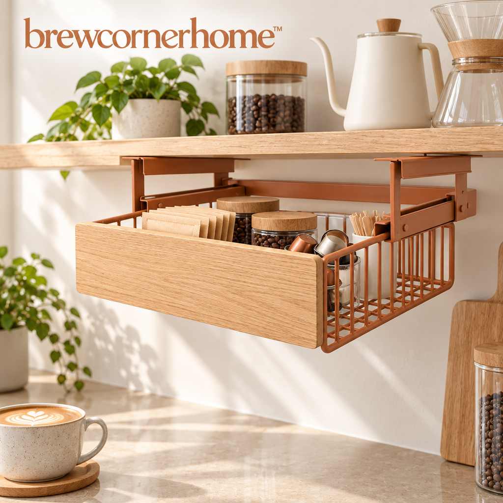 brewcornerhome™ Minimalist Under-Shelf Coffee Accessories Storage Basket with Natural Oak Drawer Front, Matte Terracotta Metal Wire Basket and Smooth Pull-Out Sliding Frame