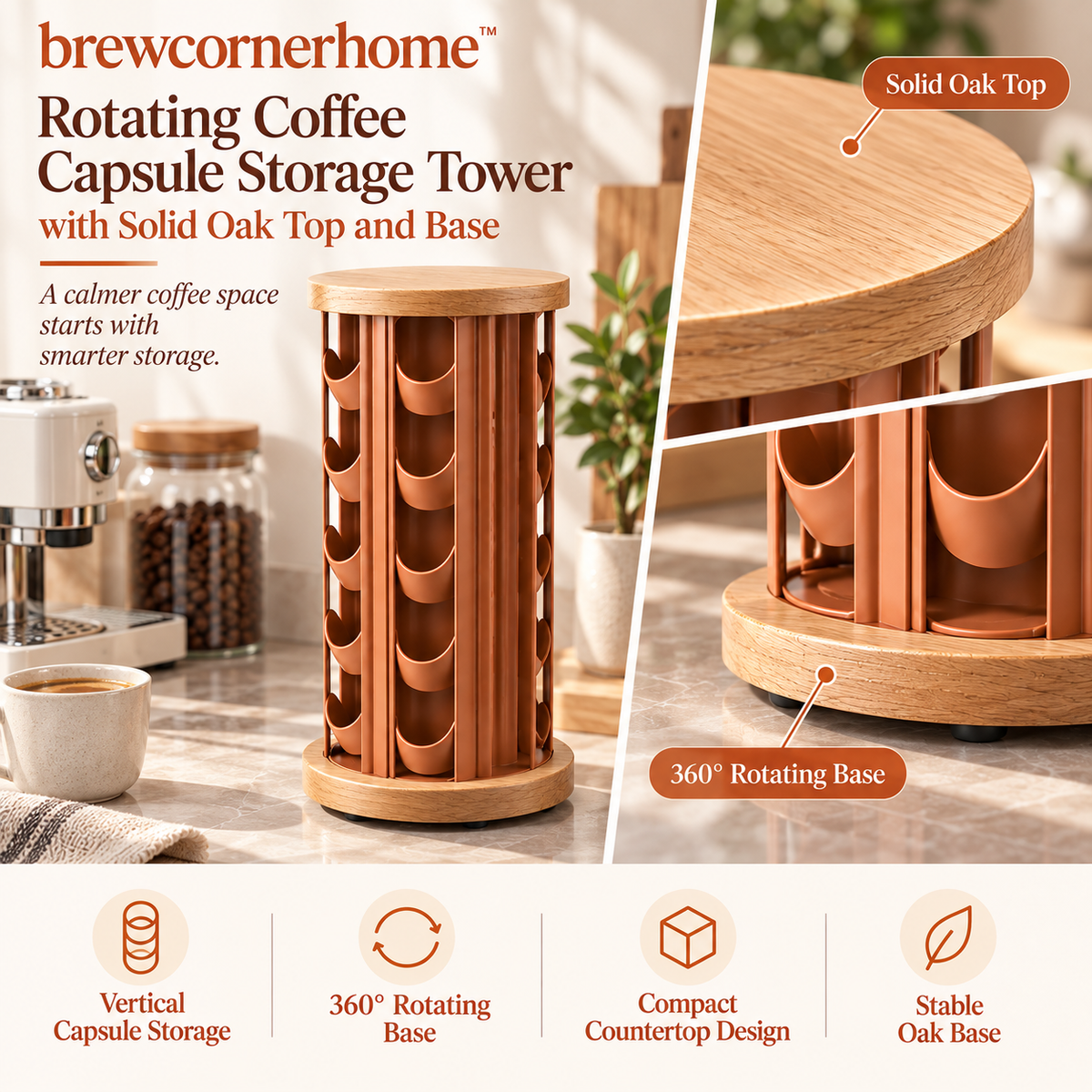brewcornerhome™ Sculptural Wood-Accent Rotating Coffee Capsule Storage Tower with Natural Oak Circular Base, Matte Terracotta Vertical Pod Holders and 360-Degree Turntable Design