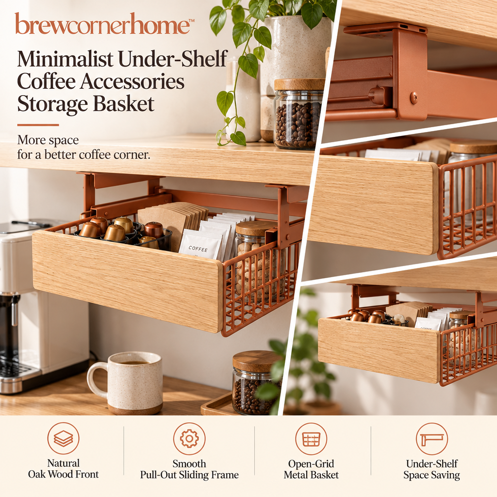 brewcornerhome™ Minimalist Under-Shelf Coffee Accessories Storage Basket with Natural Oak Drawer Front, Matte Terracotta Metal Wire Basket and Smooth Pull-Out Sliding Frame