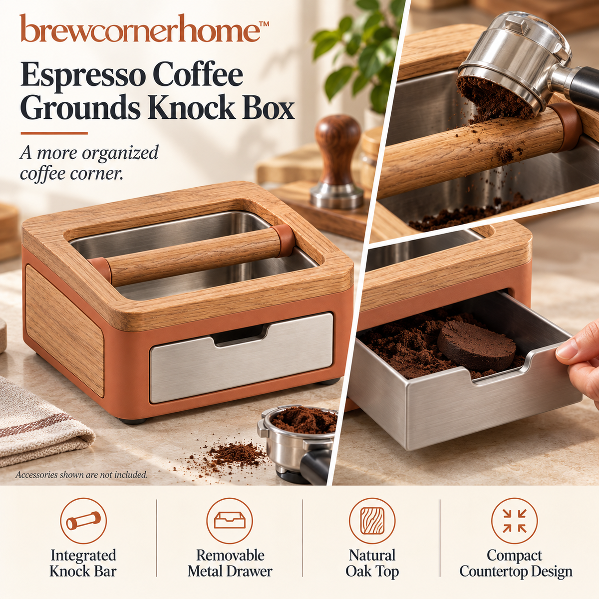 brewcornerhome™ Refined Wood-Panel Espresso Coffee Grounds Knock Box with Matte Terracotta Drawer Housing, Natural Oak Top Surface and Removable Metal Collection Container