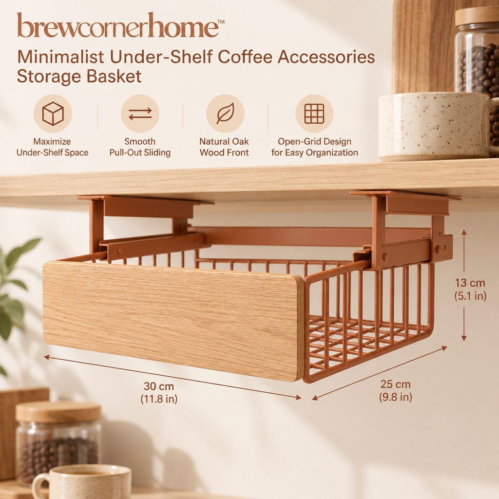 brewcornerhome™ Minimalist Under-Shelf Coffee Accessories Storage Basket with Natural Oak Drawer Front, Matte Terracotta Metal Wire Basket and Smooth Pull-Out Sliding Frame