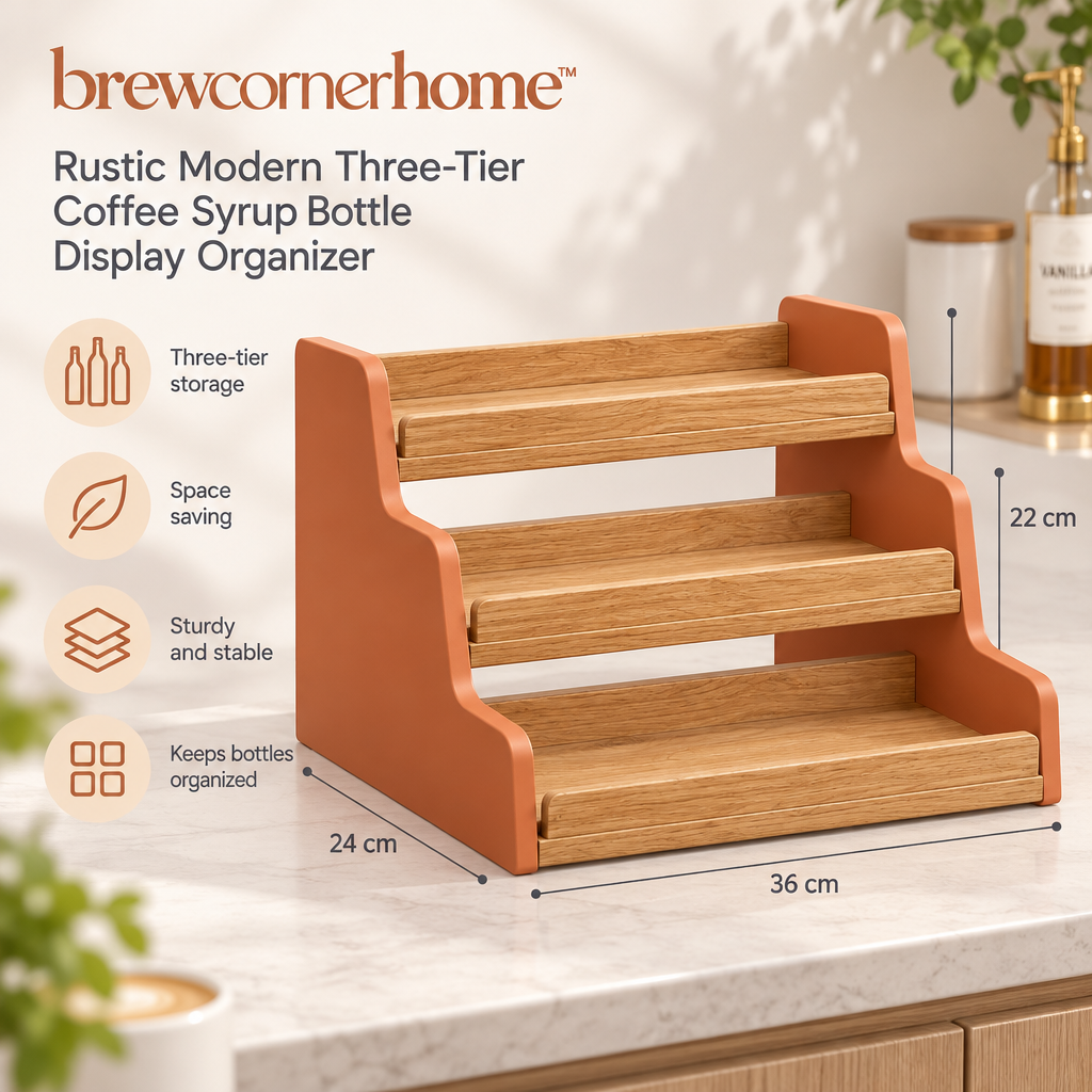 brewcornerhome™ Rustic Modern Three-Tier Coffee Syrup Bottle Display Organizer with Natural Oak Stepped Shelves, Mineral Terracotta Side Panels and Raised Wooden Bottle Retaining Rails