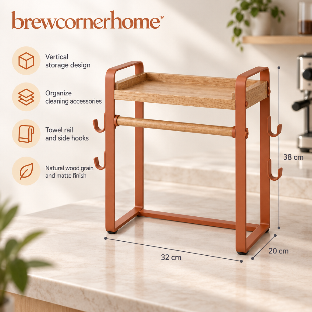 brewcornerhome™ Artisan Vertical Wooden Coffee Machine Cleaning Accessories Organization Station with Natural Oak Storage Shelf, Integrated Towel Rail, Hanging Tool Hooks and Matte Mineral Terracotta Support Frame
