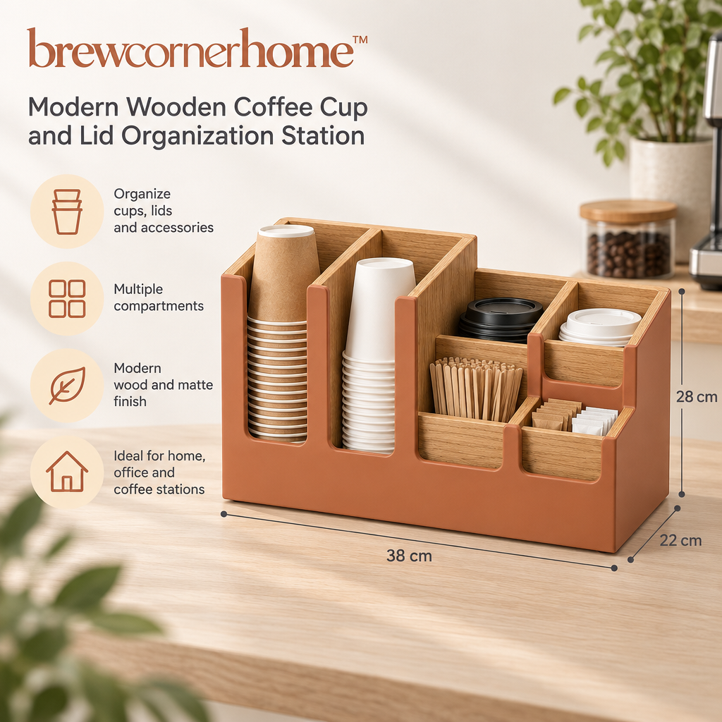 brewcornerhome™ Modern Wooden Coffee Cup and Lid Organization Station with Natural Oak Compartment Dividers, Matte Terracotta Storage Frame and Multiple Open-Top Beverage Supply Holders
