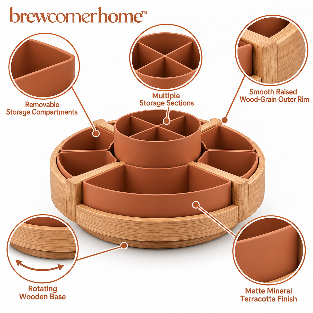 brewcornerhome™ Artisan Rotating Wooden Coffee Condiment Organizer with Natural Oak Circular Turntable, Removable Terracotta Storage Compartments and Smooth Raised Wood-Grain Outer Rim