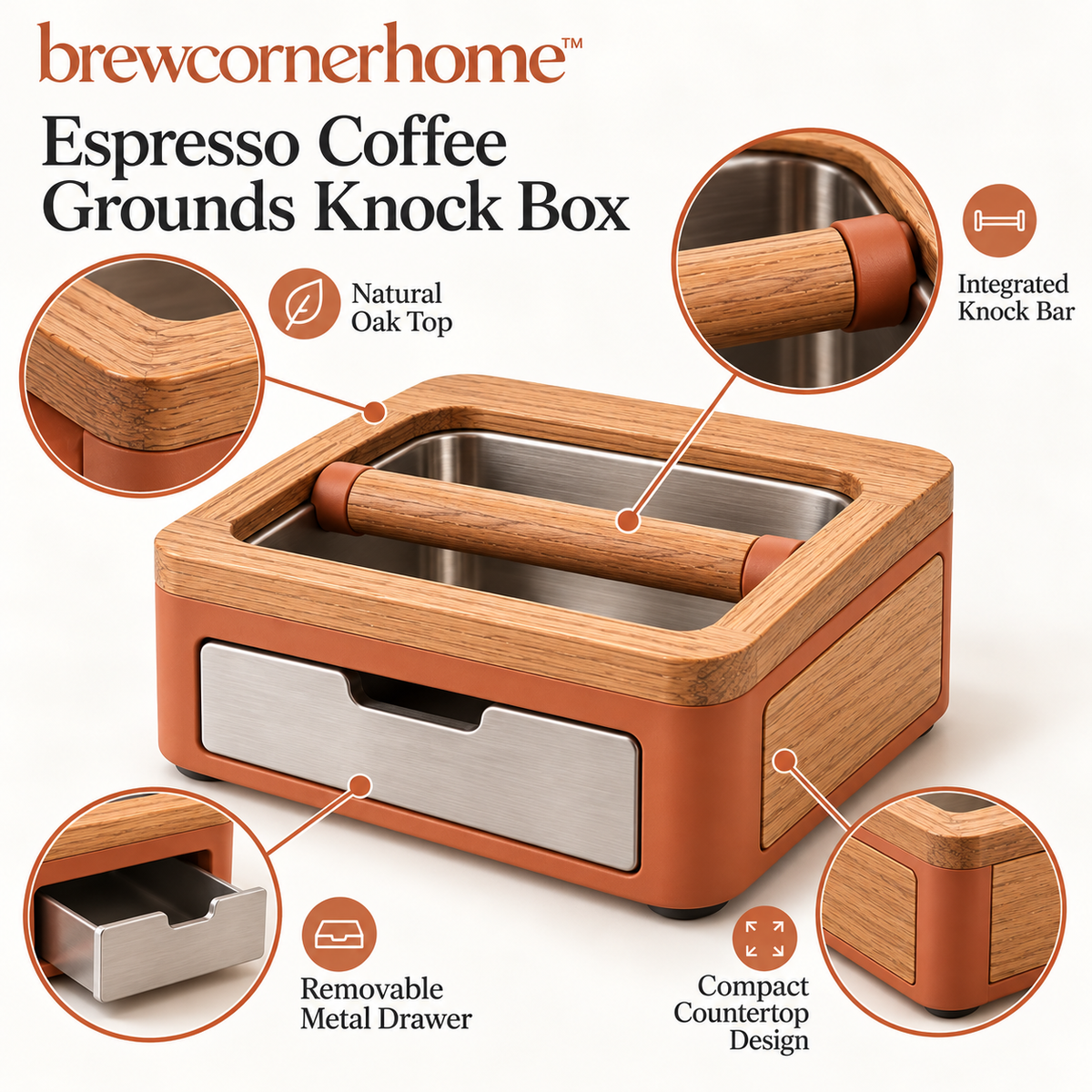 brewcornerhome™ Refined Wood-Panel Espresso Coffee Grounds Knock Box with Matte Terracotta Drawer Housing, Natural Oak Top Surface and Removable Metal Collection Container