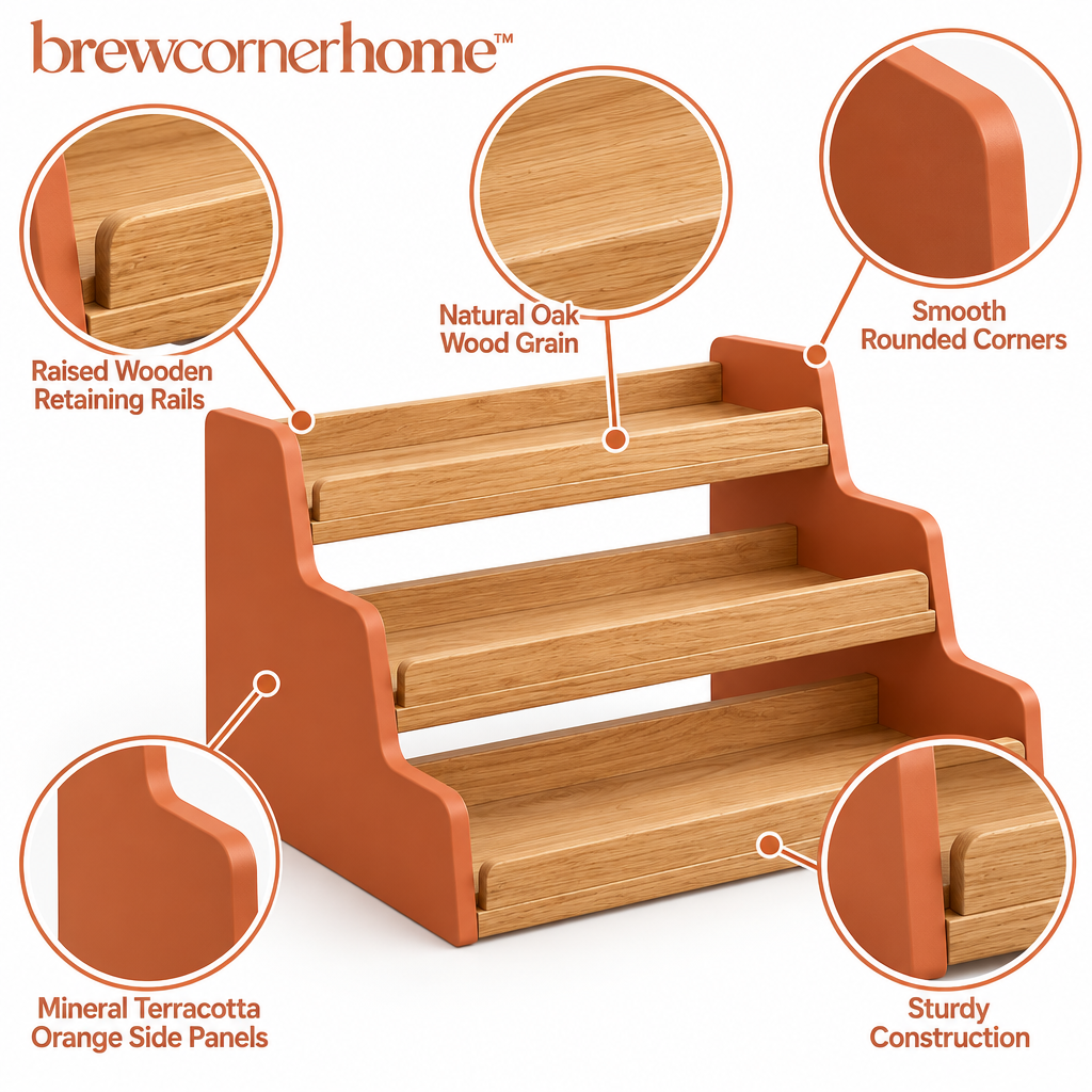 brewcornerhome™ Rustic Modern Three-Tier Coffee Syrup Bottle Display Organizer with Natural Oak Stepped Shelves, Mineral Terracotta Side Panels and Raised Wooden Bottle Retaining Rails