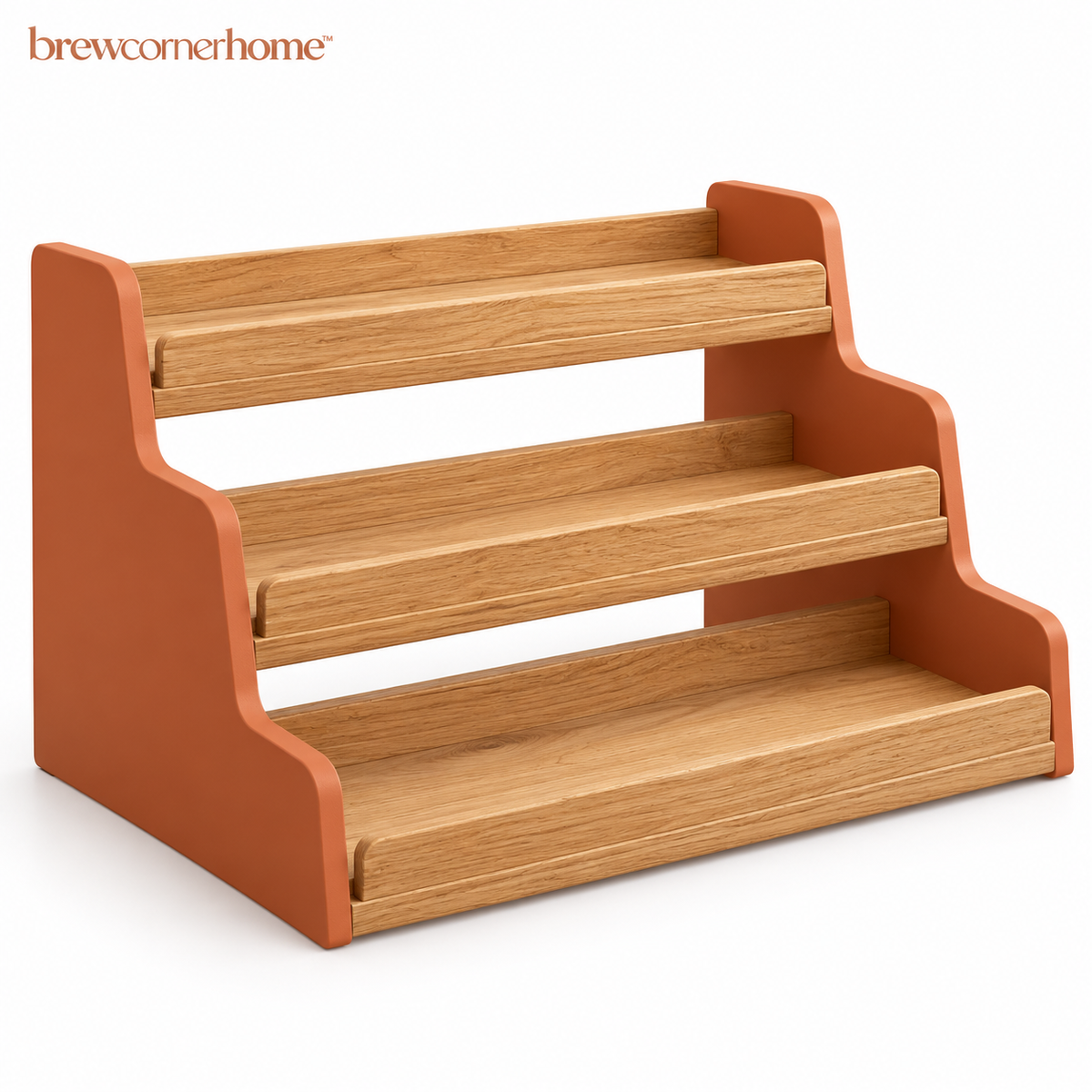 brewcornerhome™ Rustic Modern Three-Tier Coffee Syrup Bottle Display Organizer with Natural Oak Stepped Shelves, Mineral Terracotta Side Panels and Raised Wooden Bottle Retaining Rails