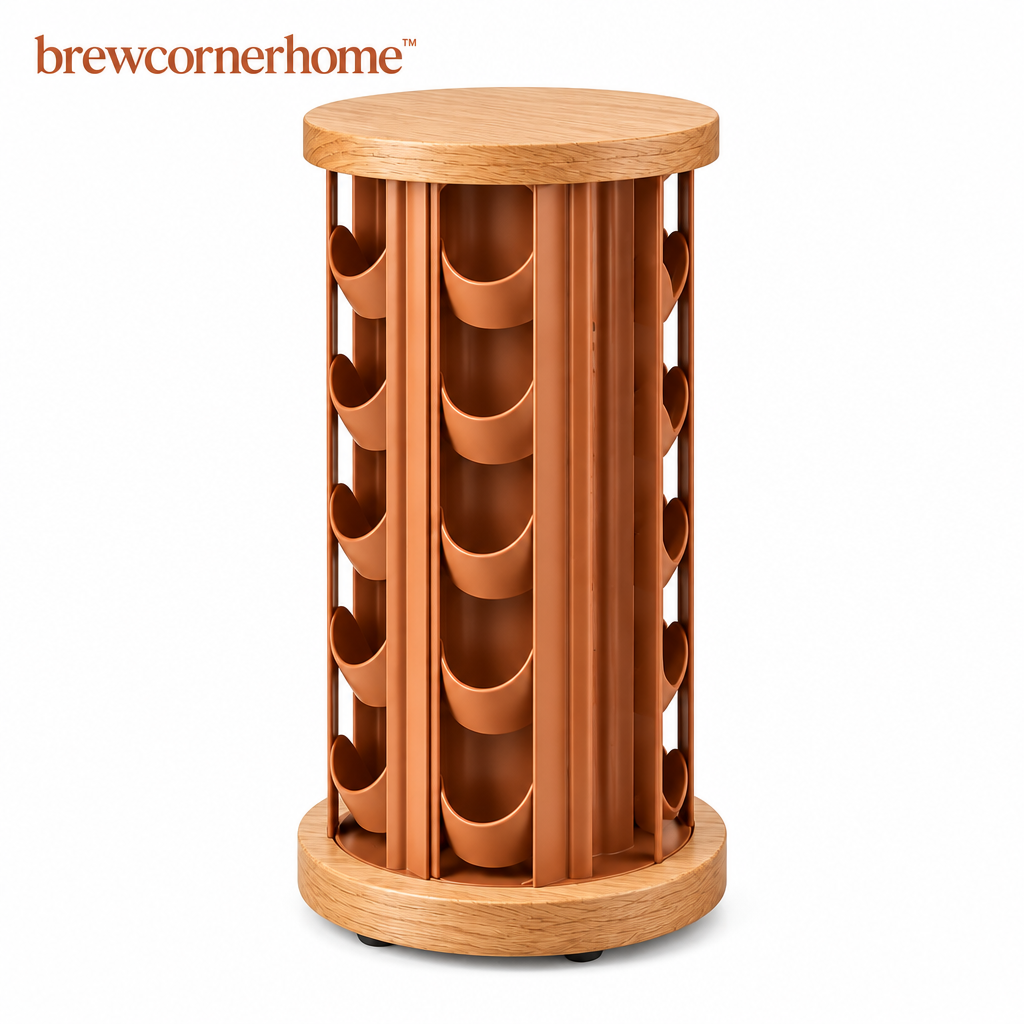 brewcornerhome™ Sculptural Wood-Accent Rotating Coffee Capsule Storage Tower with Natural Oak Circular Base, Matte Terracotta Vertical Pod Holders and 360-Degree Turntable Design