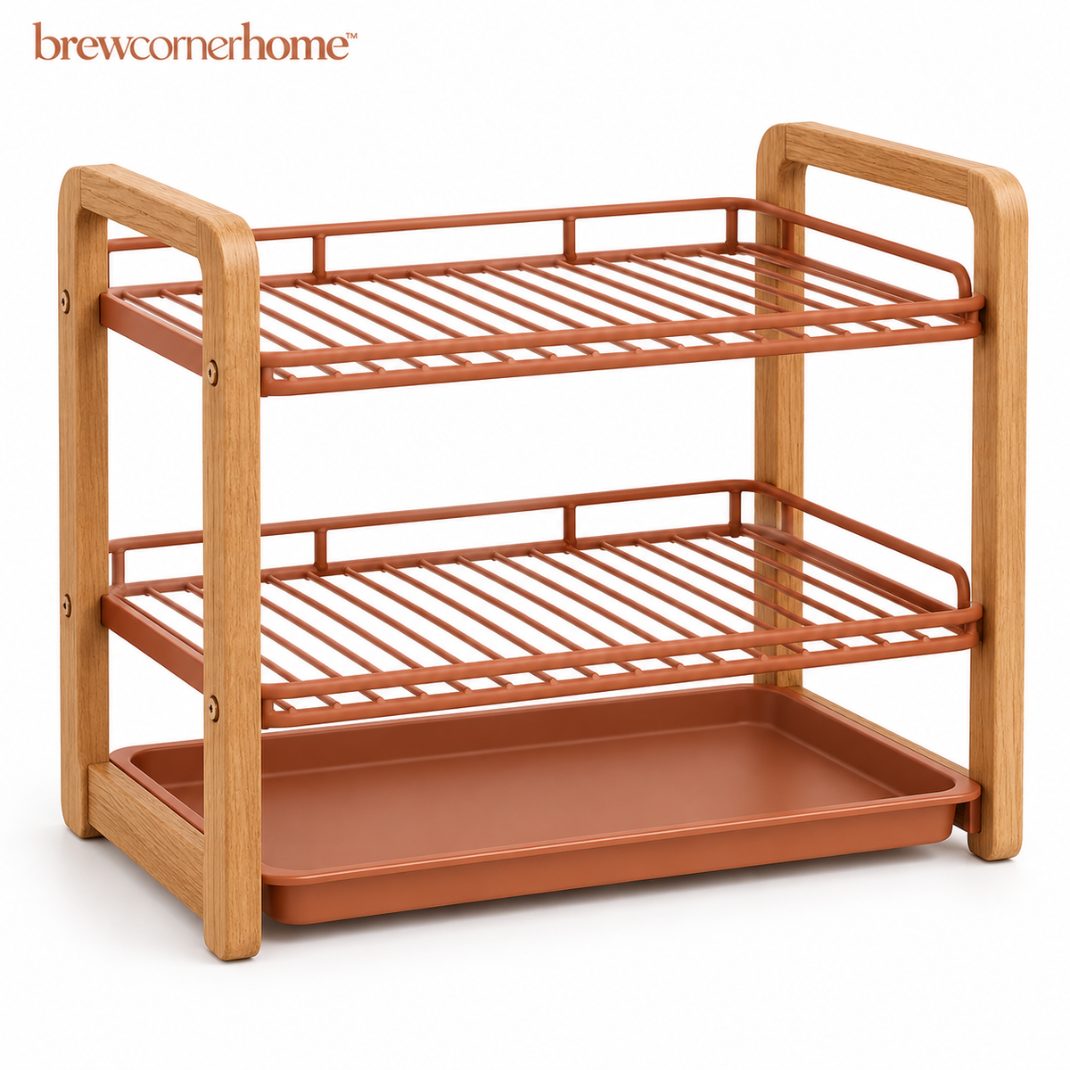brewcornerhome™ Warm Oak-Accent Two-Tier Coffee Mug Drying and Storage Rack with Natural Wooden Side Supports, Matte Terracotta Metal Grids and Removable Water Collection Tray