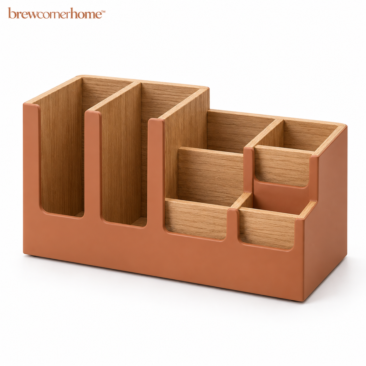 brewcornerhome™ Modern Wooden Coffee Cup and Lid Organization Station with Natural Oak Compartment Dividers, Matte Terracotta Storage Frame and Multiple Open-Top Beverage Supply Holders
