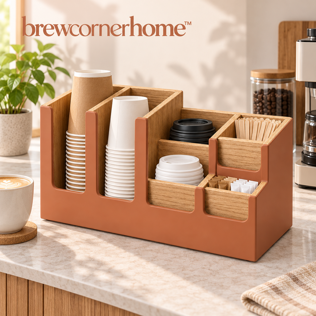 brewcornerhome™ Modern Wooden Coffee Cup and Lid Organization Station with Natural Oak Compartment Dividers, Matte Terracotta Storage Frame and Multiple Open-Top Beverage Supply Holders