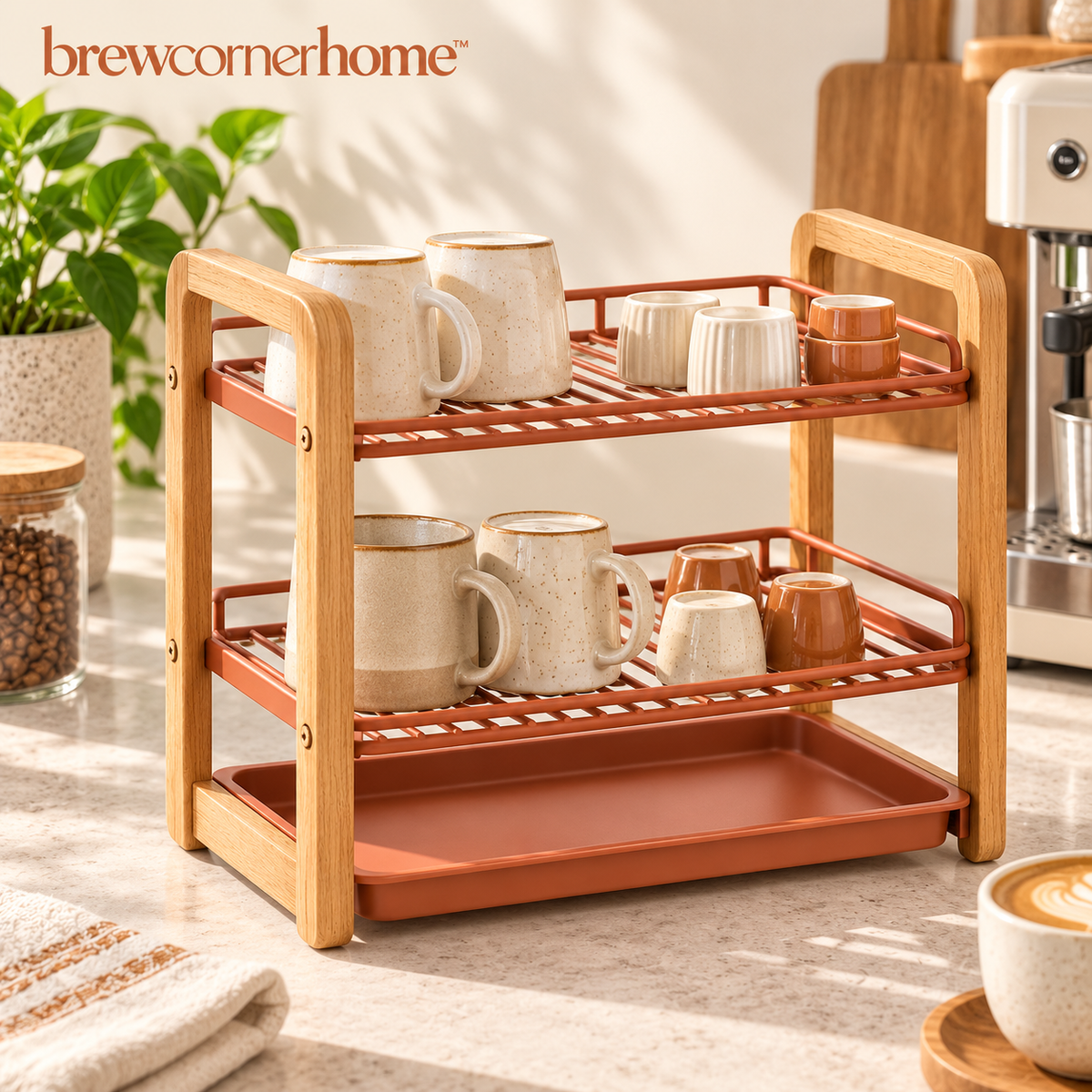 brewcornerhome™ Warm Oak-Accent Two-Tier Coffee Mug Drying and Storage Rack with Natural Wooden Side Supports, Matte Terracotta Metal Grids and Removable Water Collection Tray