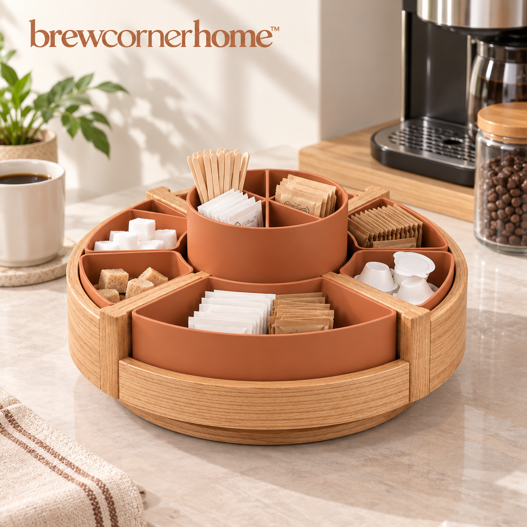 brewcornerhome™ Artisan Rotating Wooden Coffee Condiment Organizer with Natural Oak Circular Turntable, Removable Terracotta Storage Compartments and Smooth Raised Wood-Grain Outer Rim
