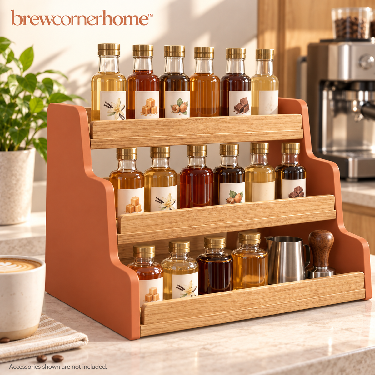 brewcornerhome™ Rustic Modern Three-Tier Coffee Syrup Bottle Display Organizer with Natural Oak Stepped Shelves, Mineral Terracotta Side Panels and Raised Wooden Bottle Retaining Rails