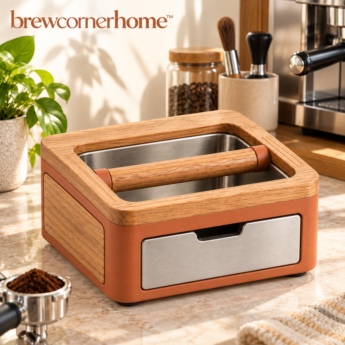 brewcornerhome™ Refined Wood-Panel Espresso Coffee Grounds Knock Box with Matte Terracotta Drawer Housing, Natural Oak Top Surface and Removable Metal Collection Container