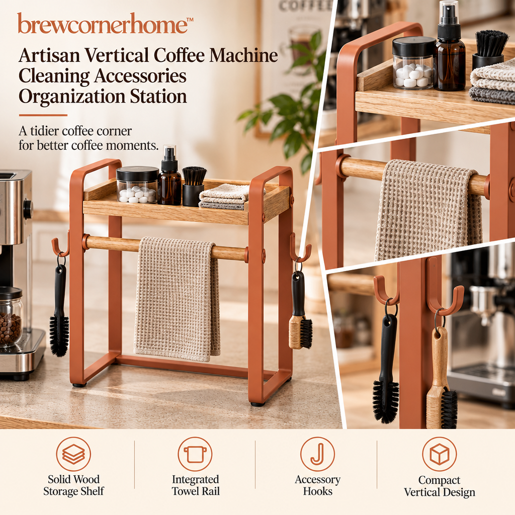 brewcornerhome™ Artisan Vertical Wooden Coffee Machine Cleaning Accessories Organization Station with Natural Oak Storage Shelf, Integrated Towel Rail, Hanging Tool Hooks and Matte Mineral Terracotta Support Frame