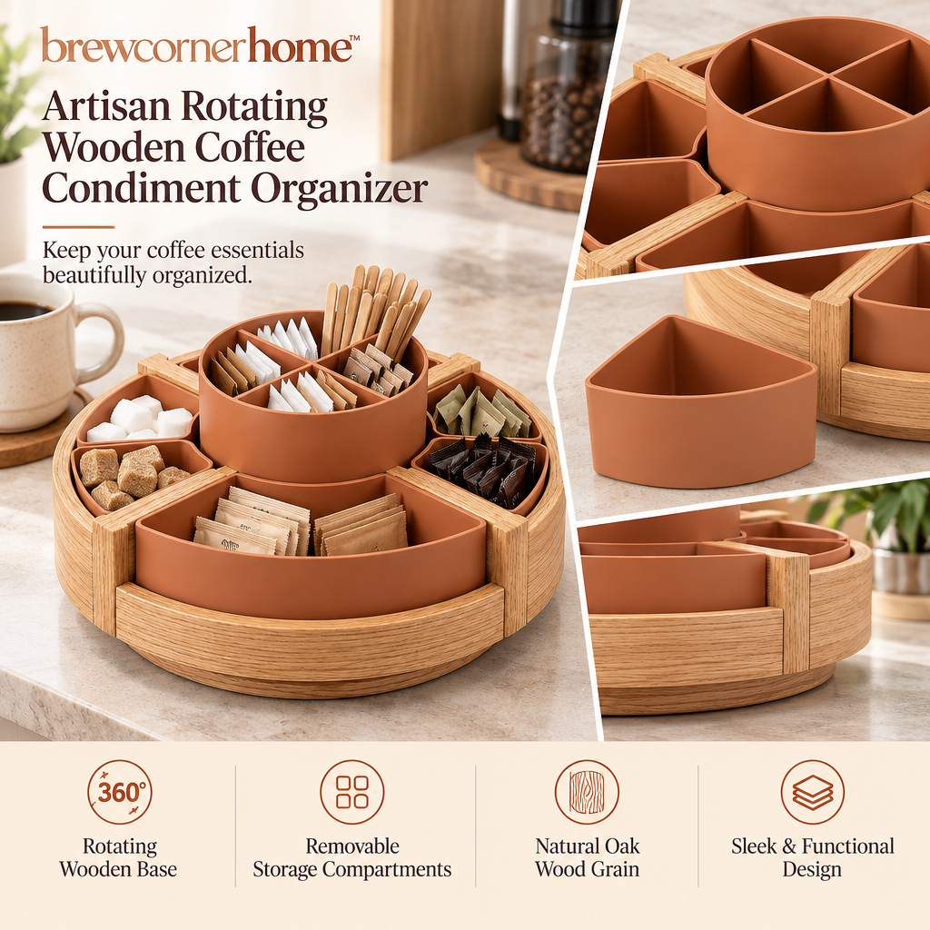 brewcornerhome™ Artisan Rotating Wooden Coffee Condiment Organizer with Natural Oak Circular Turntable, Removable Terracotta Storage Compartments and Smooth Raised Wood-Grain Outer Rim