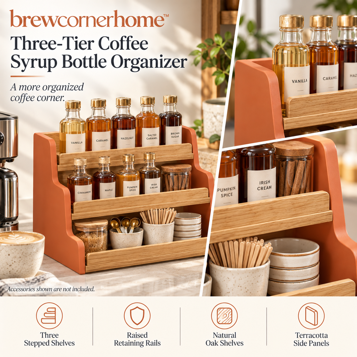 brewcornerhome™ Rustic Modern Three-Tier Coffee Syrup Bottle Display Organizer with Natural Oak Stepped Shelves, Mineral Terracotta Side Panels and Raised Wooden Bottle Retaining Rails