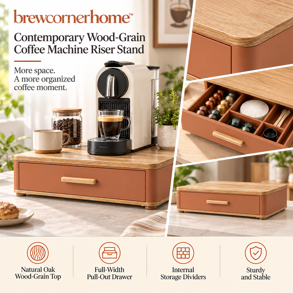 brewcornerhome™ Contemporary Wood-Grain Coffee Machine Riser Stand with Reinforced Natural Oak Top Platform, Matte Terracotta Storage Cabinet and Full-Width Pull-Out Capsule Organizer Drawer