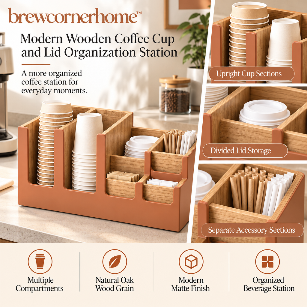 brewcornerhome™ Modern Wooden Coffee Cup and Lid Organization Station with Natural Oak Compartment Dividers, Matte Terracotta Storage Frame and Multiple Open-Top Beverage Supply Holders
