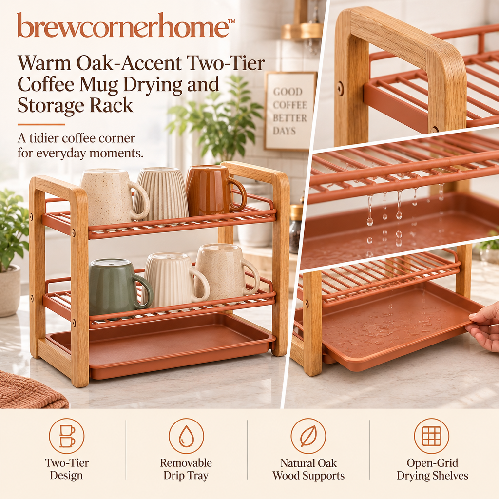 brewcornerhome™ Warm Oak-Accent Two-Tier Coffee Mug Drying and Storage Rack with Natural Wooden Side Supports, Matte Terracotta Metal Grids and Removable Water Collection Tray
