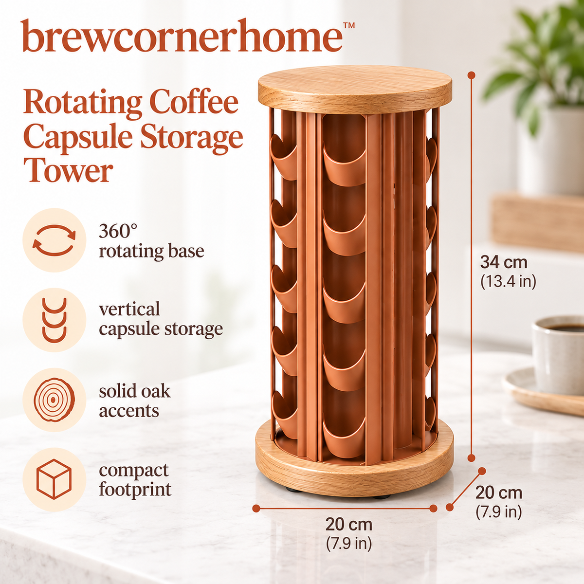 brewcornerhome™ Sculptural Wood-Accent Rotating Coffee Capsule Storage Tower with Natural Oak Circular Base, Matte Terracotta Vertical Pod Holders and 360-Degree Turntable Design