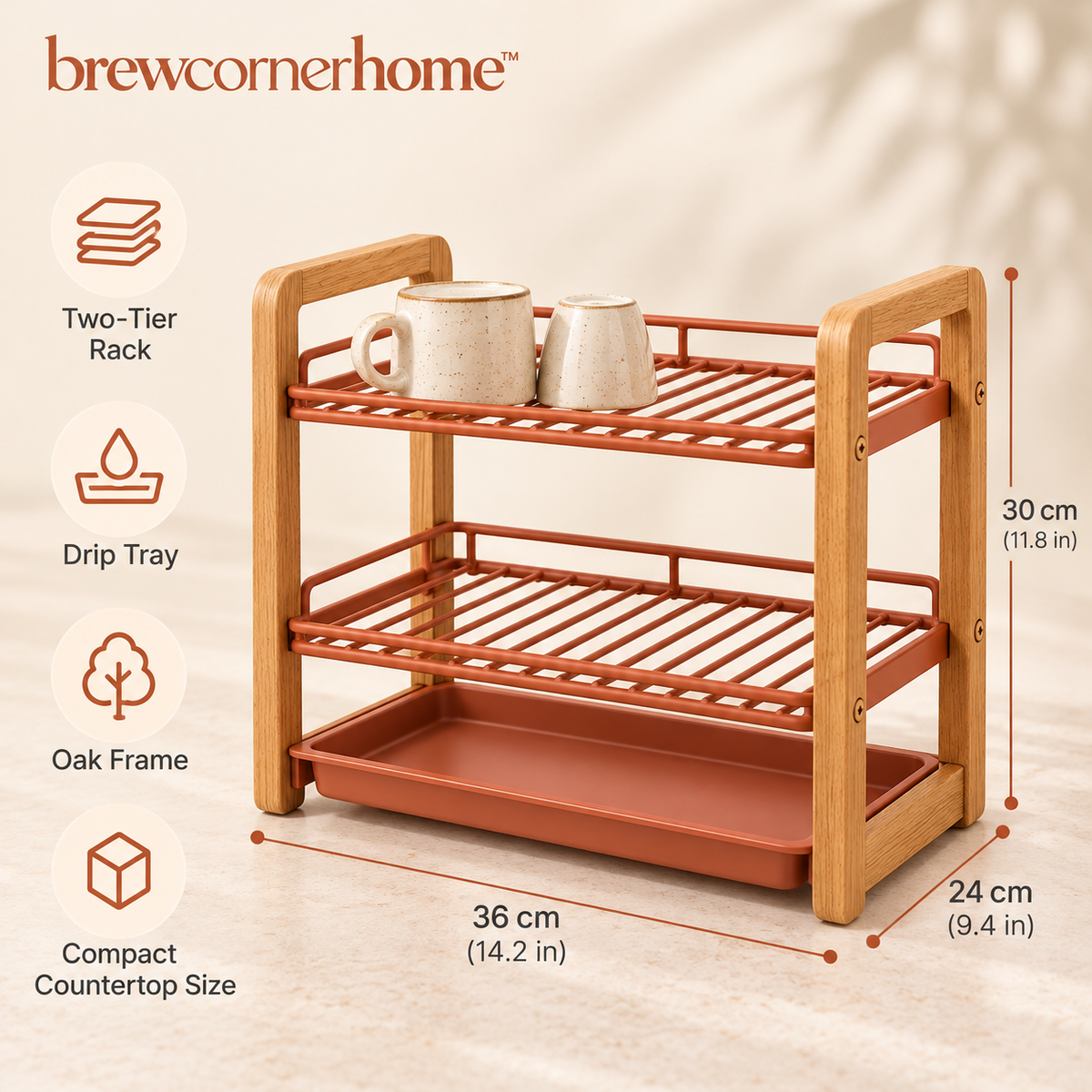 brewcornerhome™ Warm Oak-Accent Two-Tier Coffee Mug Drying and Storage Rack with Natural Wooden Side Supports, Matte Terracotta Metal Grids and Removable Water Collection Tray