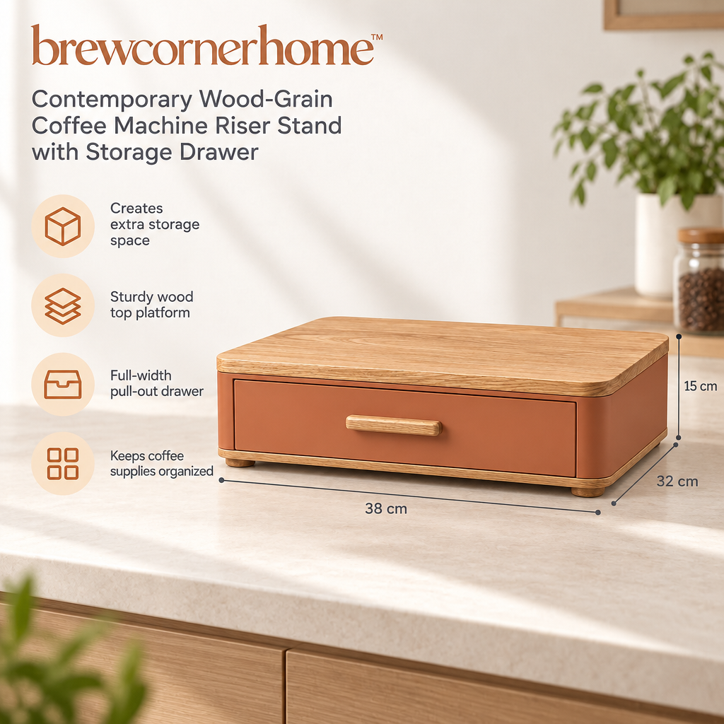 brewcornerhome™ Contemporary Wood-Grain Coffee Machine Riser Stand with Reinforced Natural Oak Top Platform, Matte Terracotta Storage Cabinet and Full-Width Pull-Out Capsule Organizer Drawer