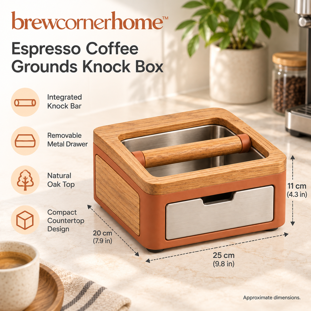 brewcornerhome™ Refined Wood-Panel Espresso Coffee Grounds Knock Box with Matte Terracotta Drawer Housing, Natural Oak Top Surface and Removable Metal Collection Container
