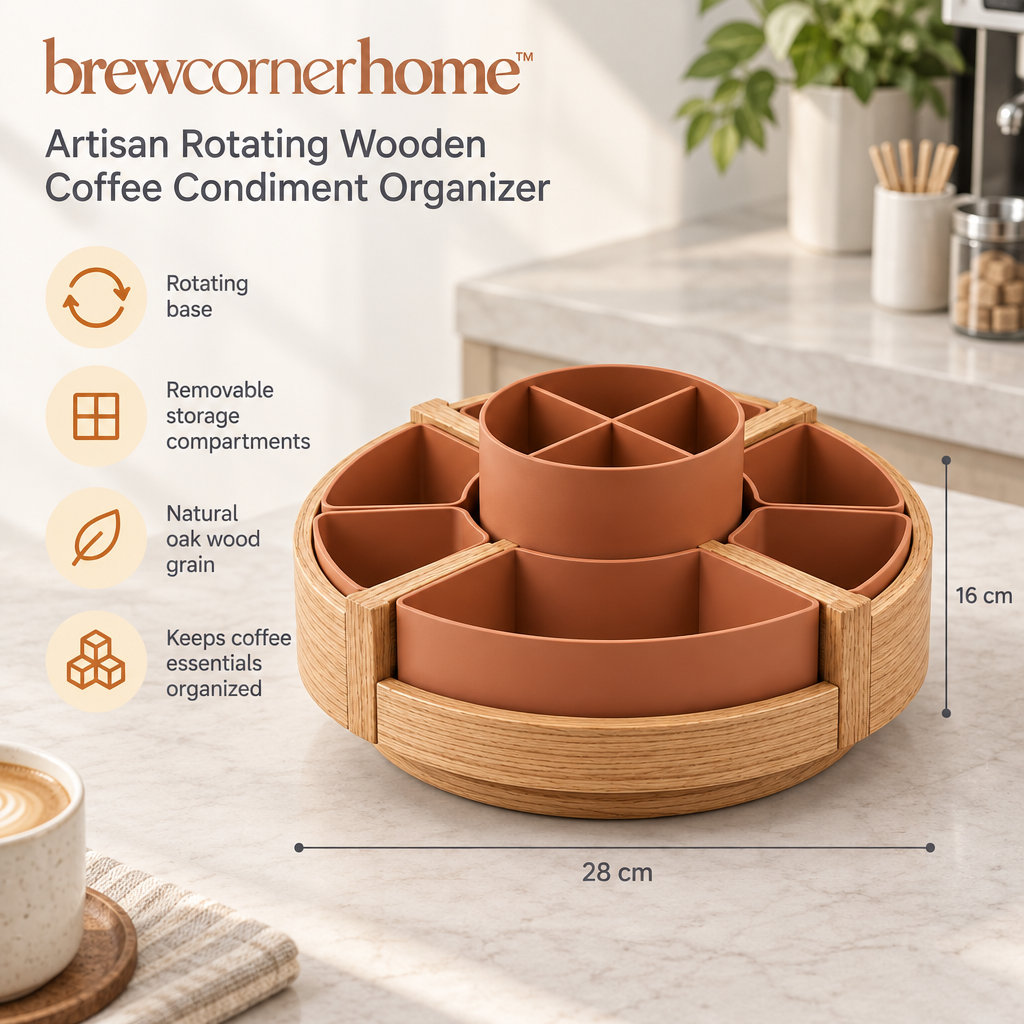 brewcornerhome™ Artisan Rotating Wooden Coffee Condiment Organizer with Natural Oak Circular Turntable, Removable Terracotta Storage Compartments and Smooth Raised Wood-Grain Outer Rim