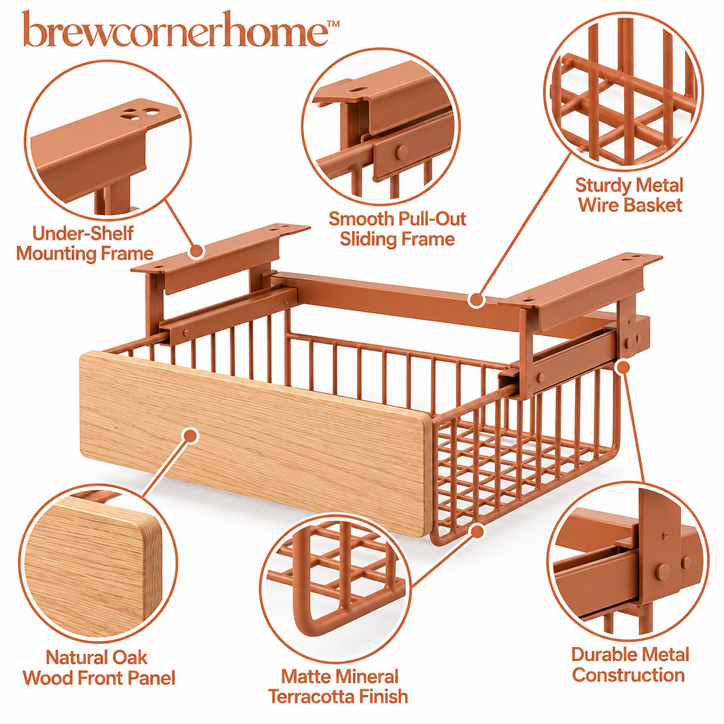 brewcornerhome™ Minimalist Under-Shelf Coffee Accessories Storage Basket with Natural Oak Drawer Front, Matte Terracotta Metal Wire Basket and Smooth Pull-Out Sliding Frame