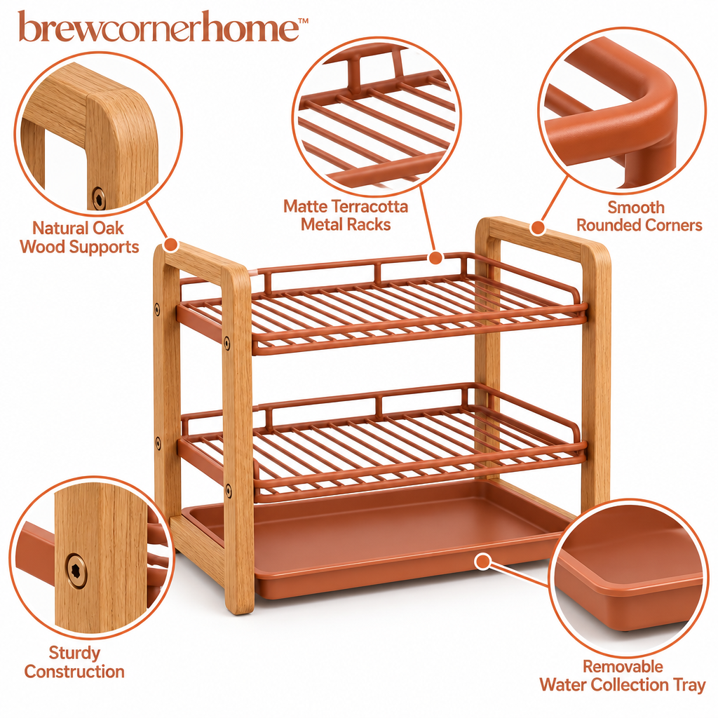 brewcornerhome™ Warm Oak-Accent Two-Tier Coffee Mug Drying and Storage Rack with Natural Wooden Side Supports, Matte Terracotta Metal Grids and Removable Water Collection Tray
