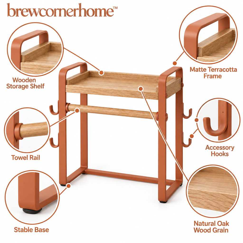 brewcornerhome™ Artisan Vertical Wooden Coffee Machine Cleaning Accessories Organization Station with Natural Oak Storage Shelf, Integrated Towel Rail, Hanging Tool Hooks and Matte Mineral Terracotta Support Frame