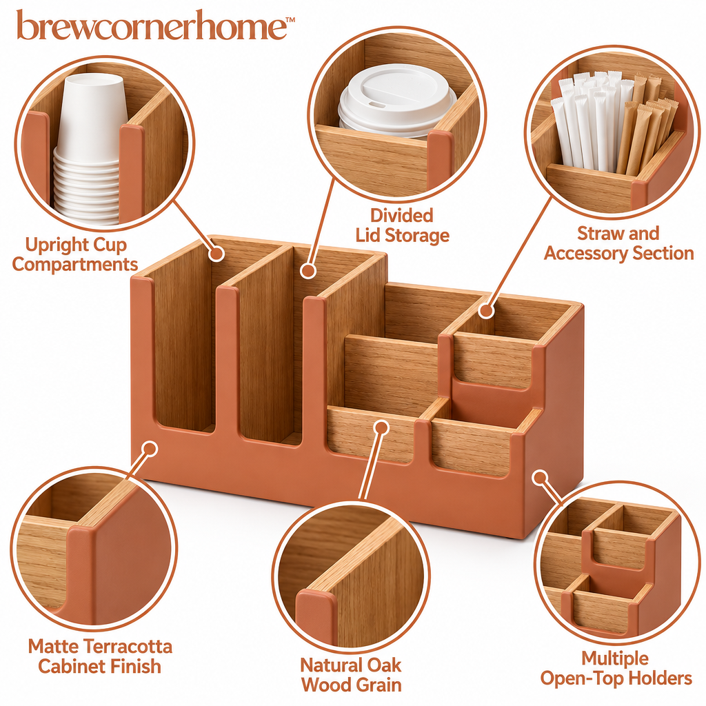 brewcornerhome™ Modern Wooden Coffee Cup and Lid Organization Station with Natural Oak Compartment Dividers, Matte Terracotta Storage Frame and Multiple Open-Top Beverage Supply Holders