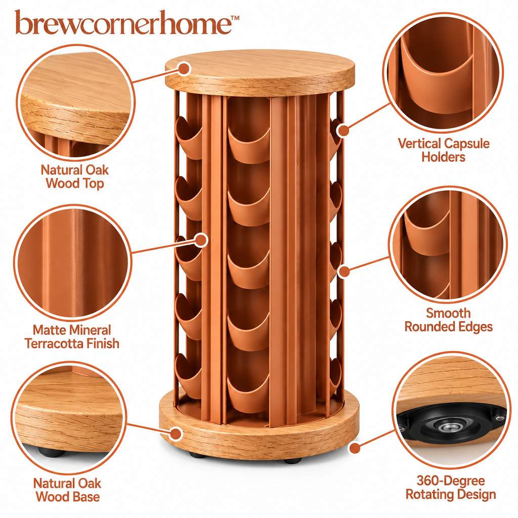 brewcornerhome™ Sculptural Wood-Accent Rotating Coffee Capsule Storage Tower with Natural Oak Circular Base, Matte Terracotta Vertical Pod Holders and 360-Degree Turntable Design
