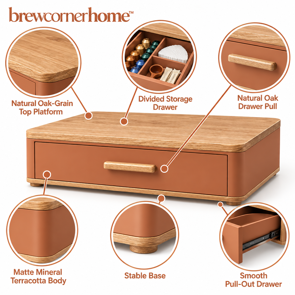 brewcornerhome™ Contemporary Wood-Grain Coffee Machine Riser Stand with Reinforced Natural Oak Top Platform, Matte Terracotta Storage Cabinet and Full-Width Pull-Out Capsule Organizer Drawer