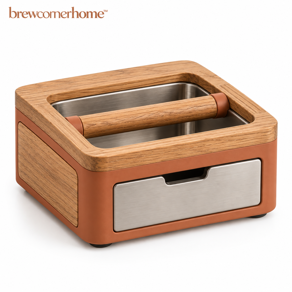 brewcornerhome™ Refined Wood-Panel Espresso Coffee Grounds Knock Box with Matte Terracotta Drawer Housing, Natural Oak Top Surface and Removable Metal Collection Container