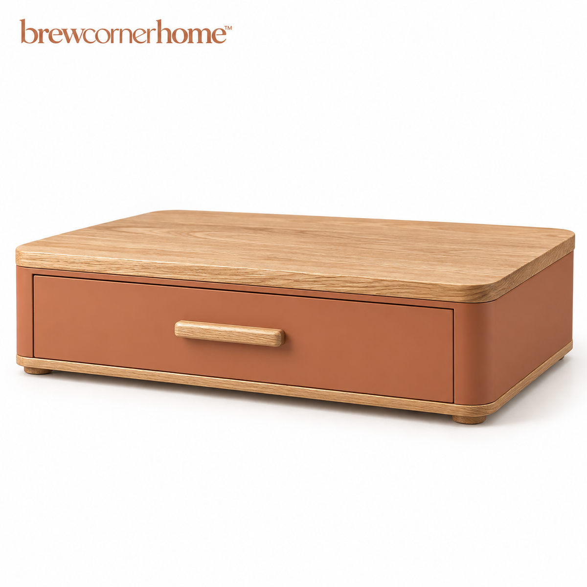 brewcornerhome™ Contemporary Wood-Grain Coffee Machine Riser Stand with Reinforced Natural Oak Top Platform, Matte Terracotta Storage Cabinet and Full-Width Pull-Out Capsule Organizer Drawer