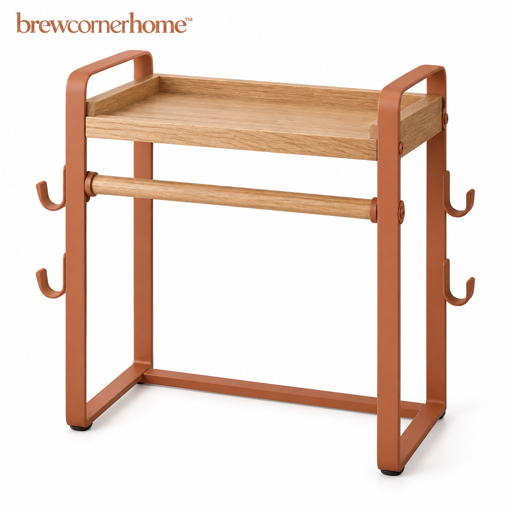 brewcornerhome™ Artisan Vertical Wooden Coffee Machine Cleaning Accessories Organization Station with Natural Oak Storage Shelf, Integrated Towel Rail, Hanging Tool Hooks and Matte Mineral Terracotta Support Frame