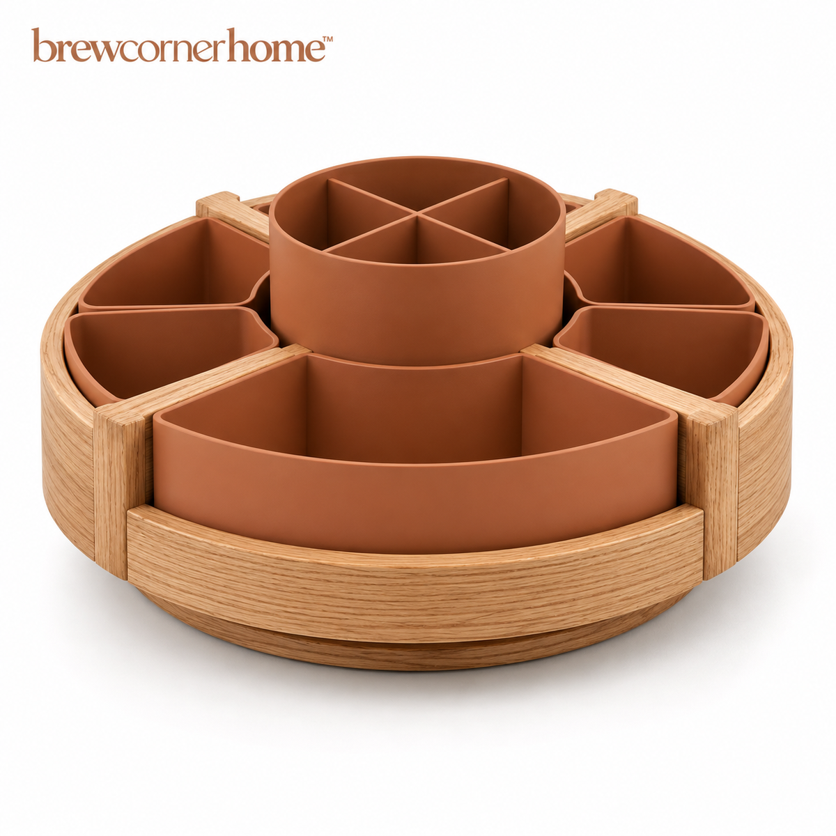 brewcornerhome™ Artisan Rotating Wooden Coffee Condiment Organizer with Natural Oak Circular Turntable, Removable Terracotta Storage Compartments and Smooth Raised Wood-Grain Outer Rim