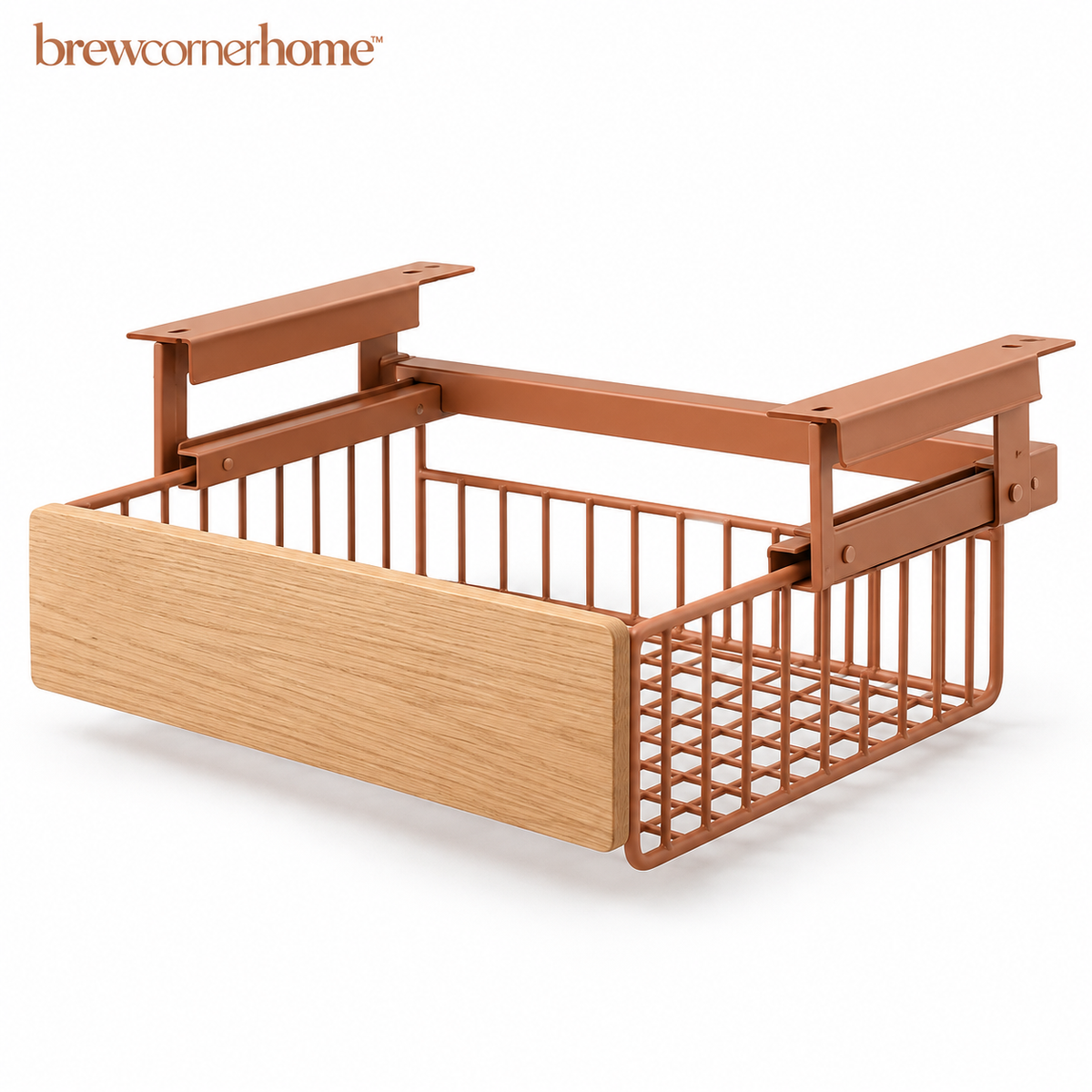 brewcornerhome™ Minimalist Under-Shelf Coffee Accessories Storage Basket with Natural Oak Drawer Front, Matte Terracotta Metal Wire Basket and Smooth Pull-Out Sliding Frame